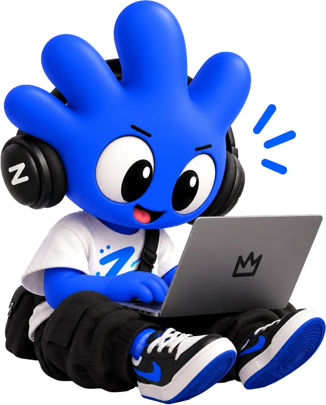 Zunzo, o mascote, montando um portfólio no computador